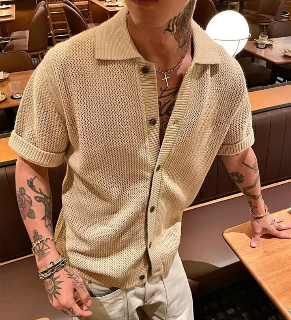 Khaki hollow-knit short-sleeve henley shirt with button front and open knit texture