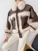 Sense Fox Fur Stitching Leather Coat - WOMONA.COM