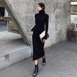 Fleece-lined Knitting Dress Turtleneck Slim Fit Long Dress - WOMONA.COM