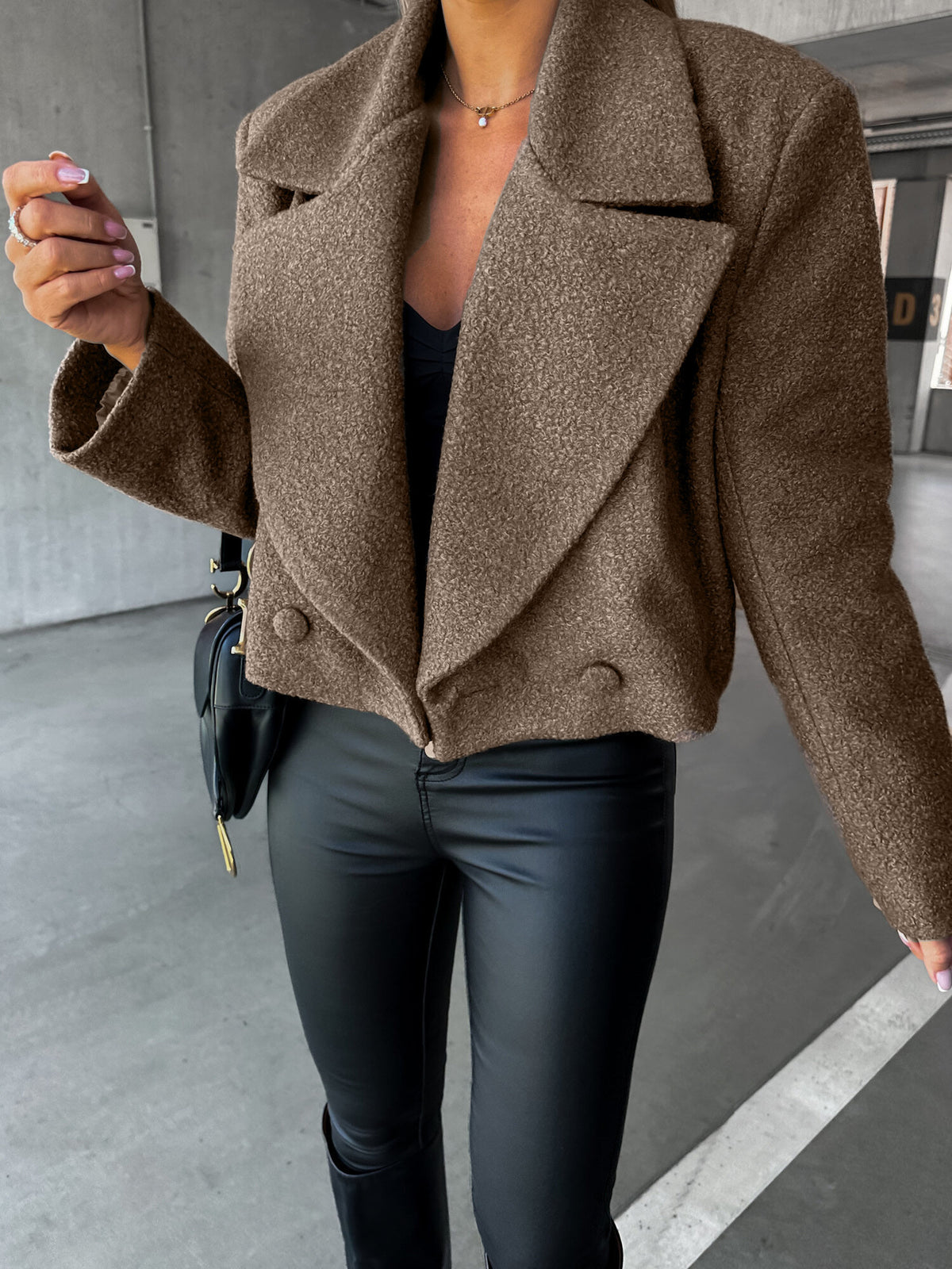 Espresso brown cropped oversized wool trench coat with wide lapels and snap buttons