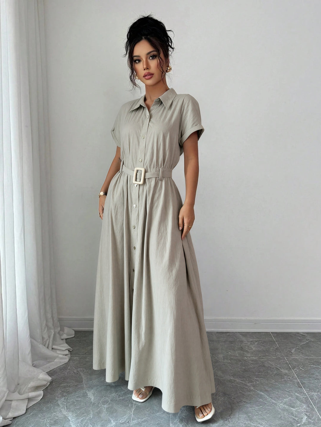 Women's Waist-Cinched Short-Sleeve Shirt Dress