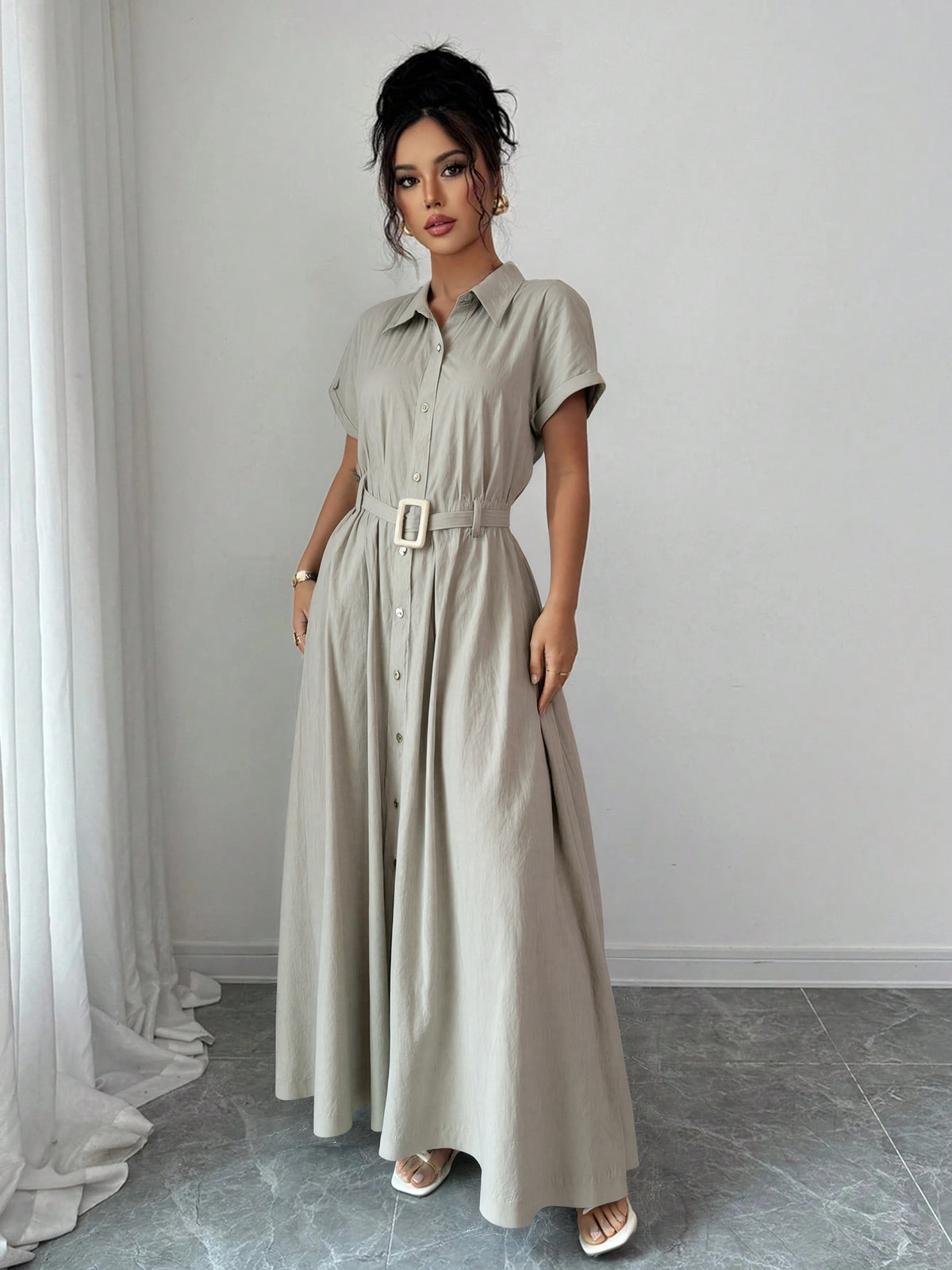 Women's Waist-Cinched Short-Sleeve Shirt Dress
