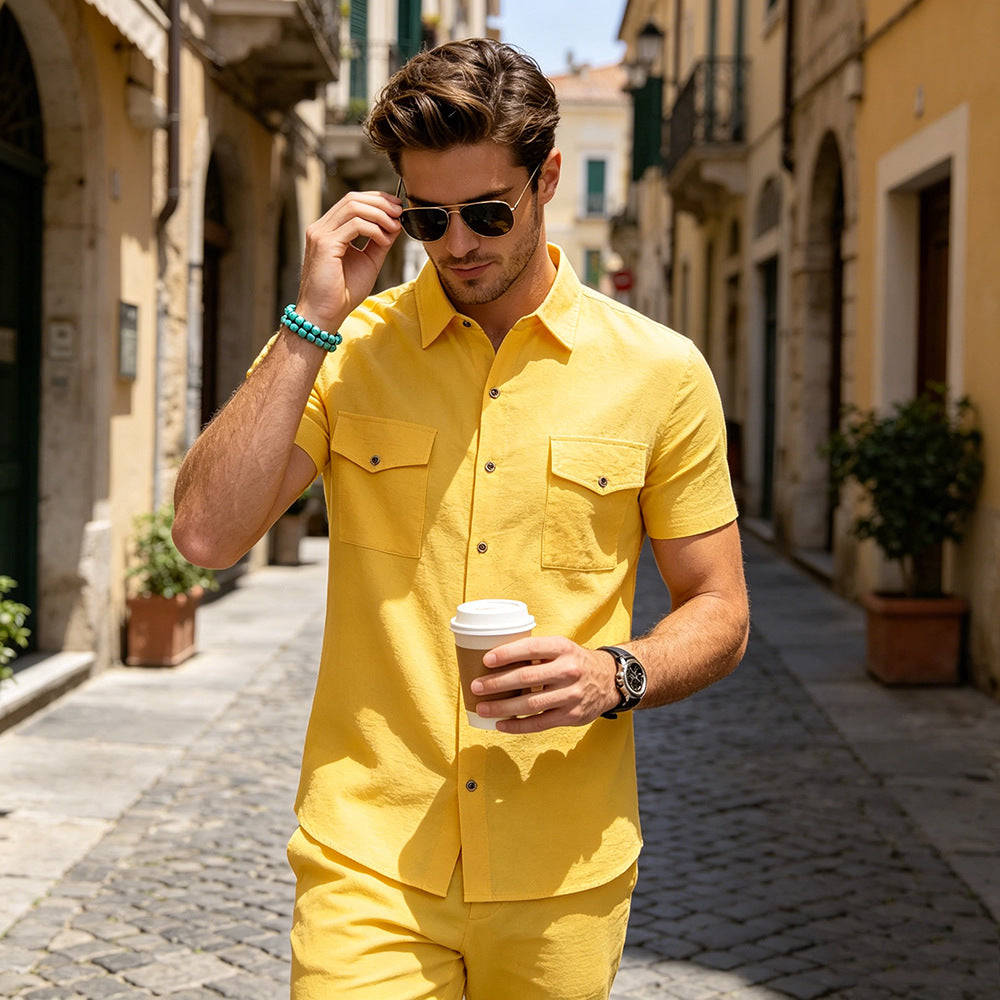 Men's short-sleeve button-up shirt, yellow, two chest pockets.