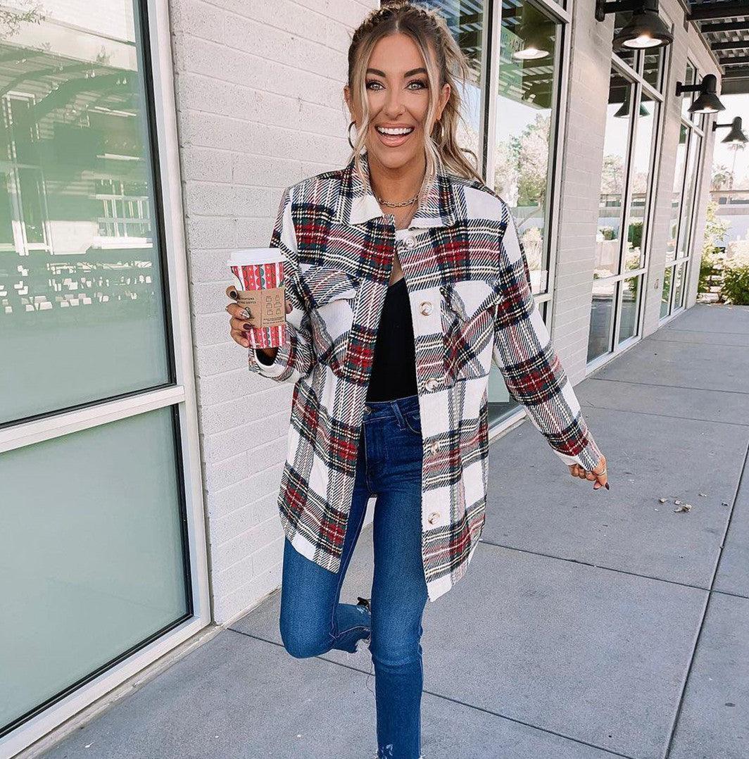 White plaid long-sleeve coat with red, green, and black checks; front pockets, open style