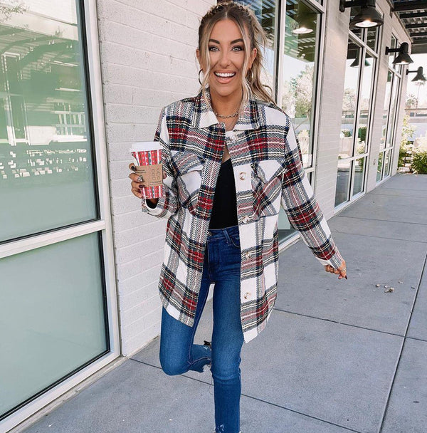 Long Sleeve Loose Women Plaid Coat