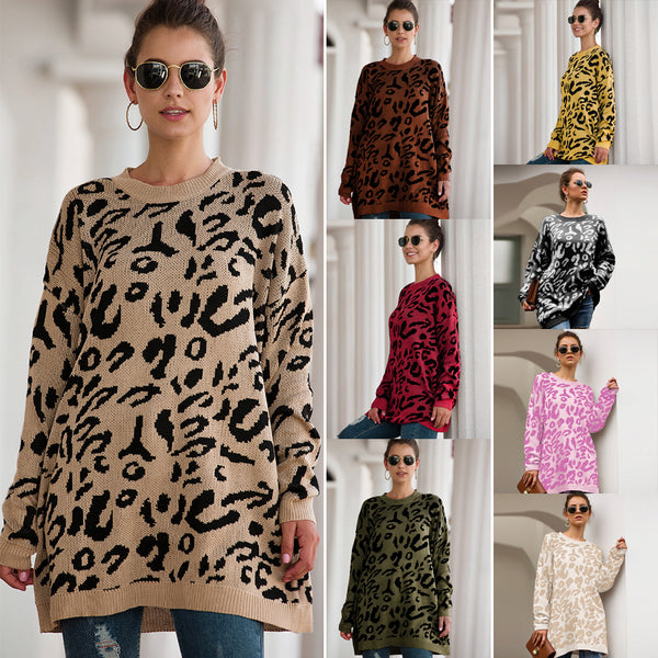 Loose leopard print sweaters with long sleeves - WOMONA.COM