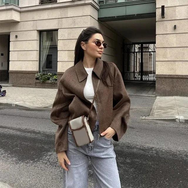 Women's Retro Brown Long-sleeve Zipper Short Coat - WOMONA.COM