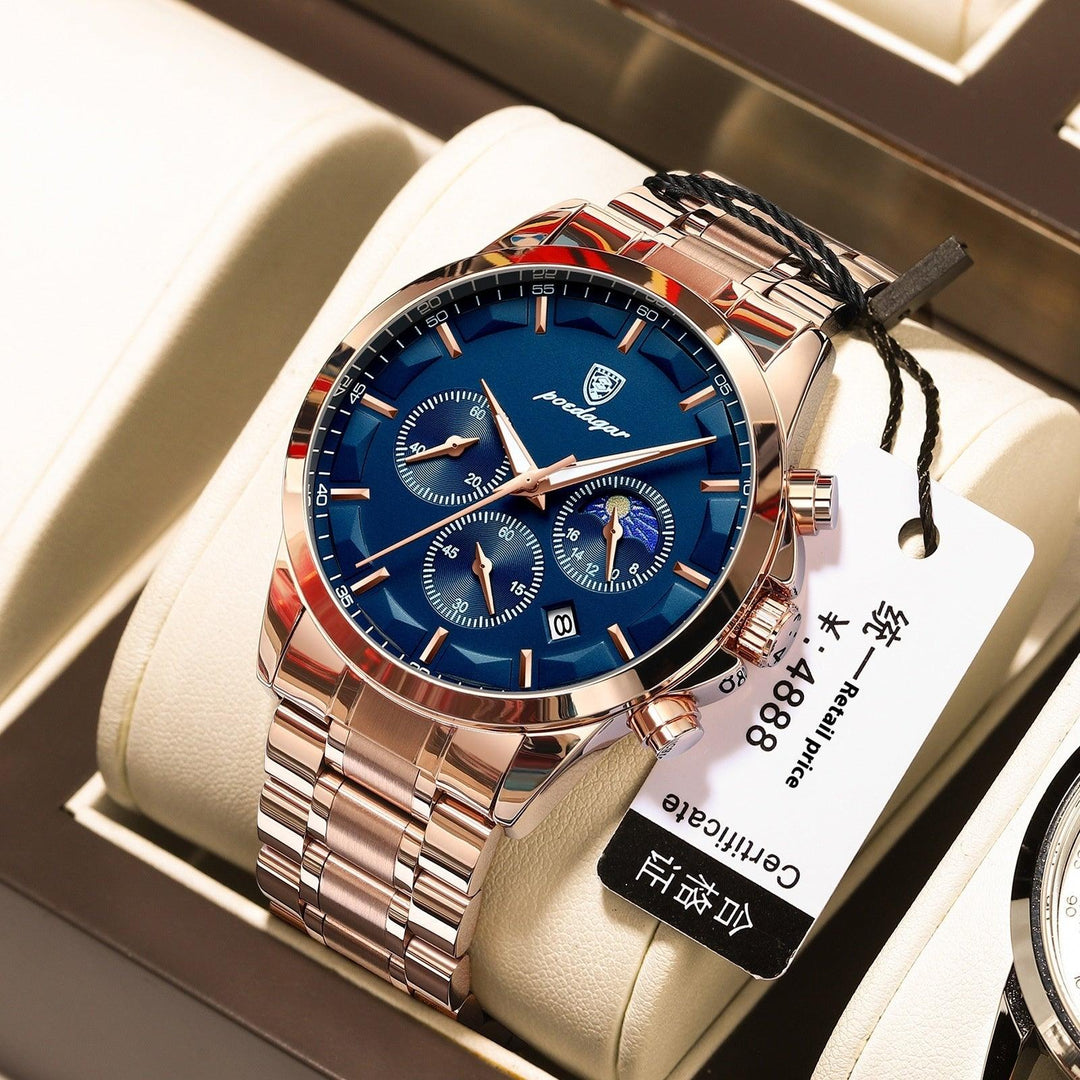 Men's rose gold-tone quartz sports watch with blue dial and metal link bracelet
