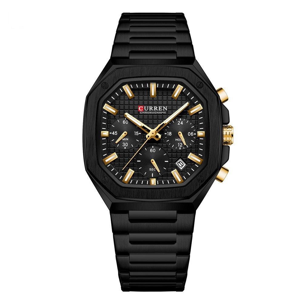 Black six-pin calendar business steel watch with black dial, gold-tone hour markers
