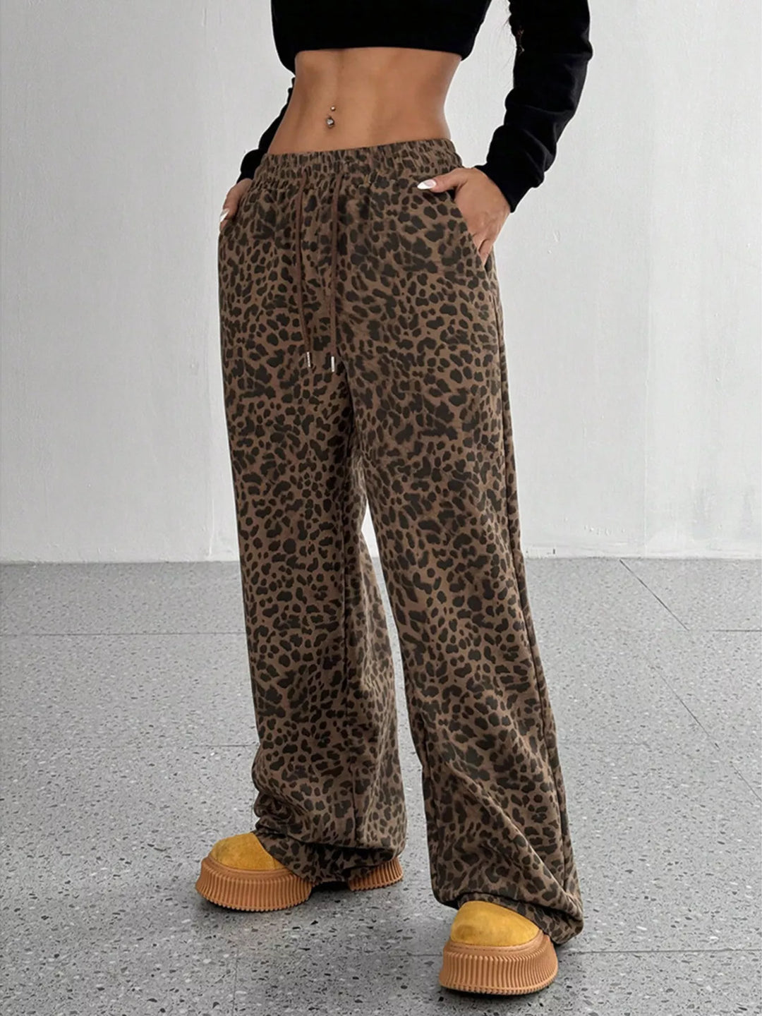 Women's Leopard Wide-Leg Drawstring Pants