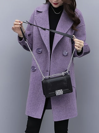 Petite purple wool coat with notched lapels, button front, long tailored fit