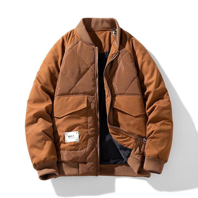 Brown padded baseball jacket with quilted panels, full-zip front, ribbed knit cuffs