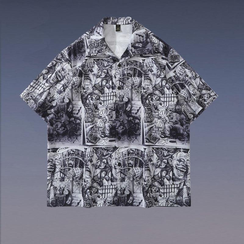 High Street Retro Full Print Short-sleeved Shirts For Men And Women - WOMONA.COM