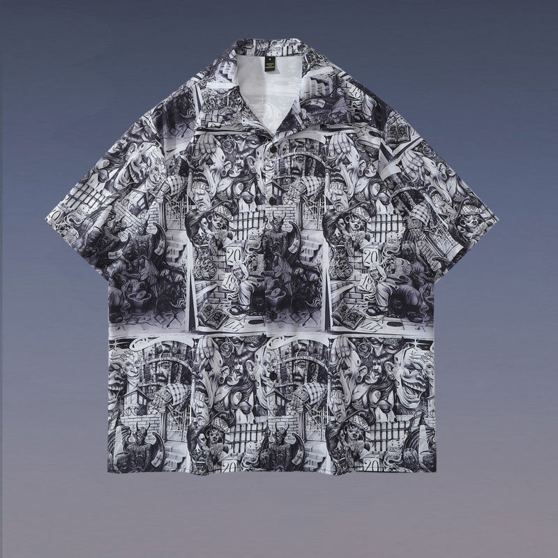 High Street Retro Full Print Short-sleeved Shirts For Men And Women - WOMONA.COM