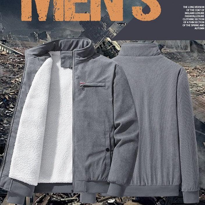 Gray jacket with fleece-lined front, stand collar, and zip front with side snap