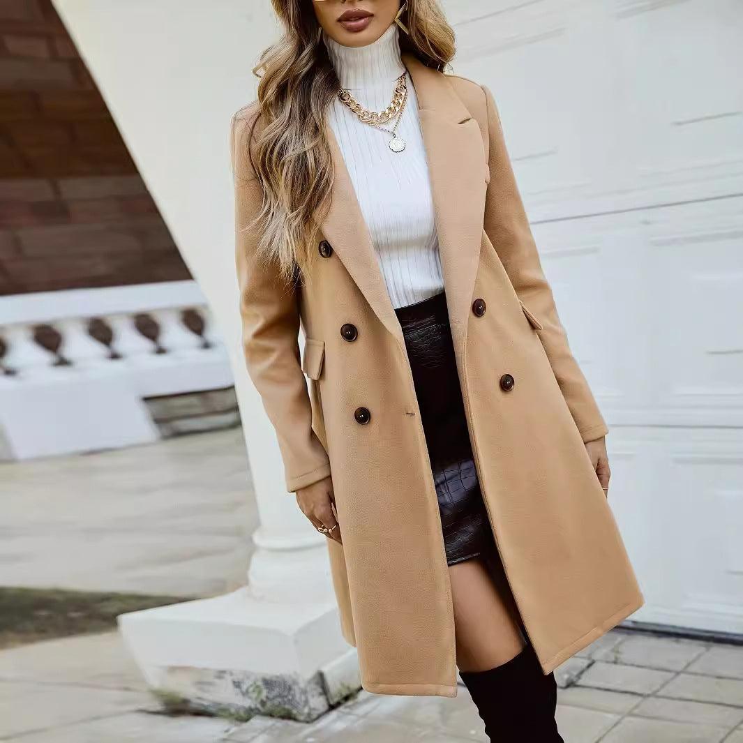 Women’s tan double-breasted wool coat with notch lapels and dark button front