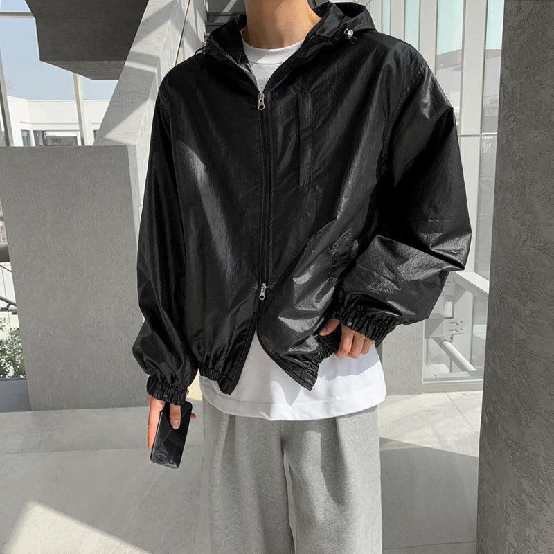 Men's loose hooded windbreaker jacket, black, hooded full-zip with elastic cuffs
