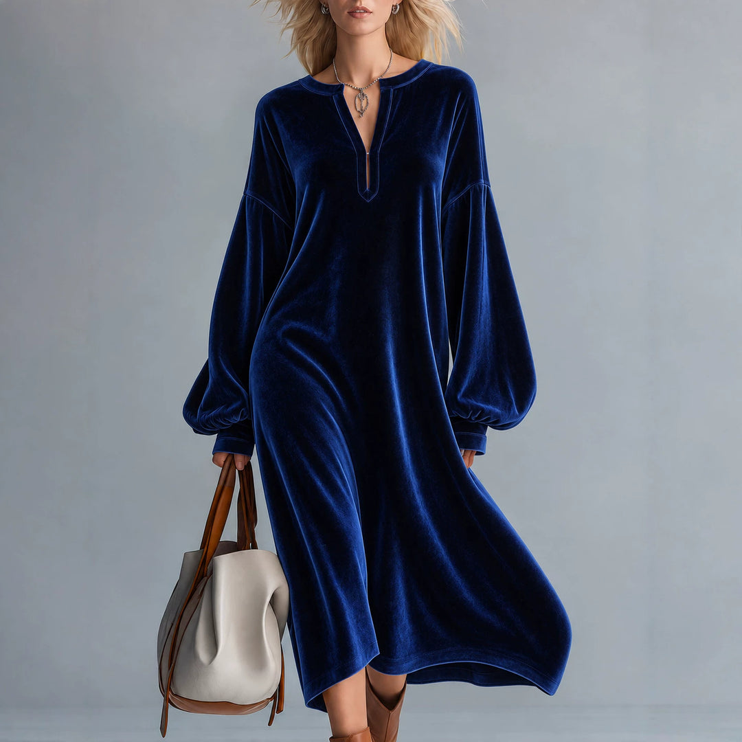 Women's velvet V-neck long-sleeve A-line midi dress