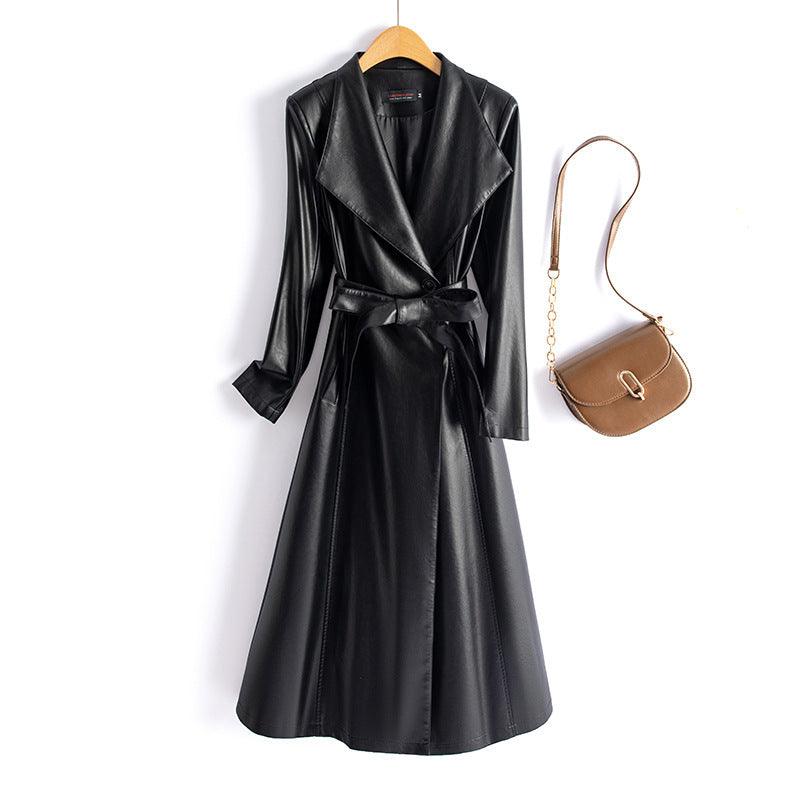 Women's long leather windbreaker coat, black, wrap-style front, tied waist belt