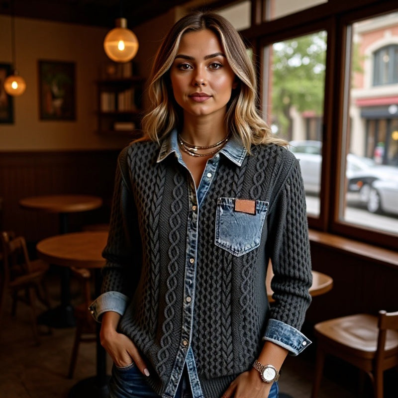 Knit-and-jean patchwork shirt in dark gray with cable knit texture and denim chest pocket