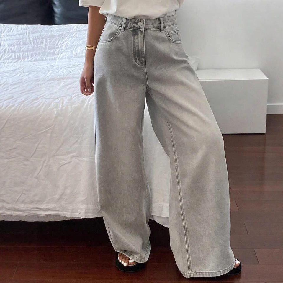 Women's gray high-waist long straight-leg jeans