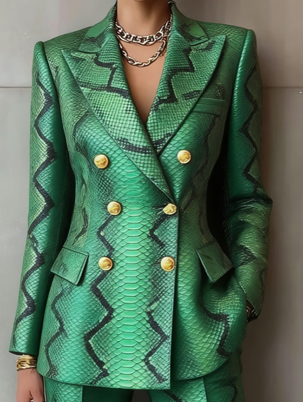 Women’s green geometric double-breasted blazer jacket with gold button details and notch lapels.