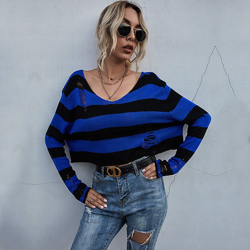 New Big V-neck Striped Sweater - WOMONA.COM