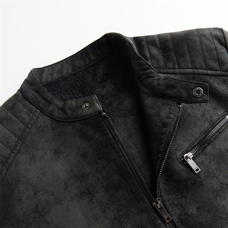 Men's Fleece-lined Stand Collar Leather Jacket