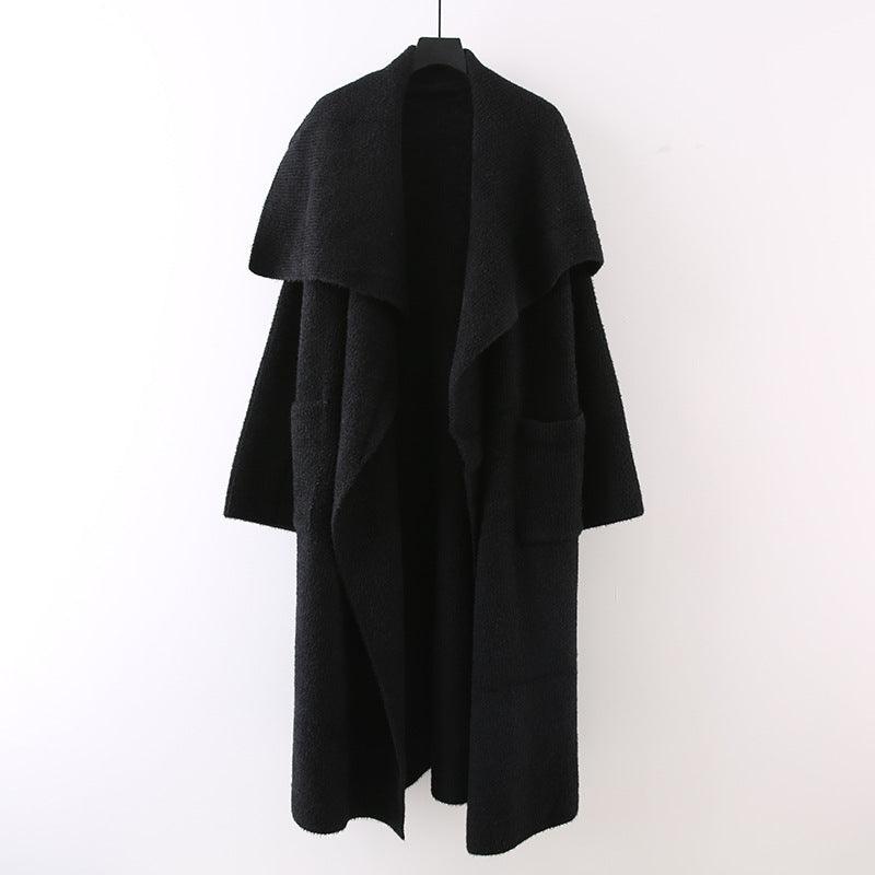 Long knitted cardigan coat, black open front with draped shawl collar and side pockets