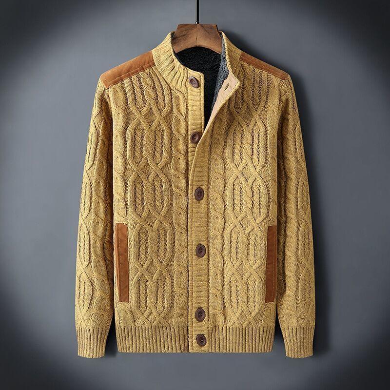 Men's yellow cable-knit cardigan sweater with button placket and stand collar