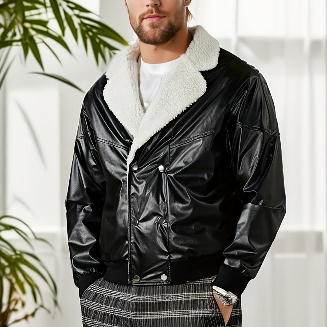 Black leather coat with cream sherpa fleece collar, button-front, and ribbed cuffs