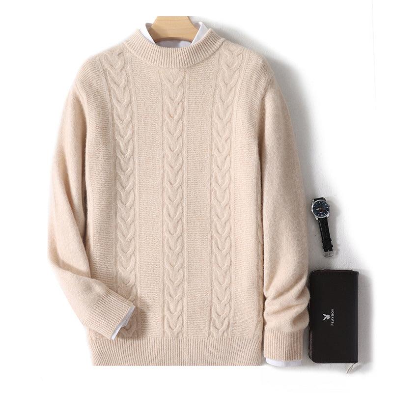 Men's wool half turtleneck sweater, light camel knit with thick cable pattern