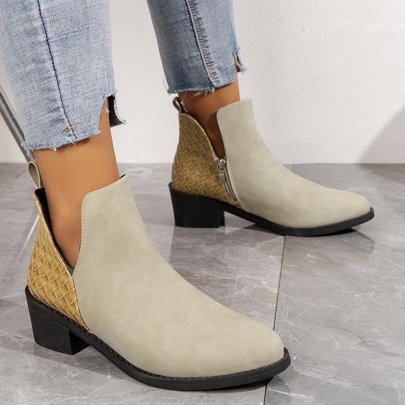 Fashion V-cut Side Zipper Boots Printed Square Heel Ankle Boots - WOMONA.COM