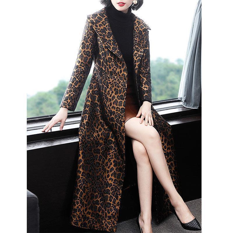 Leopard print long knee-length coat-style jacket with long sleeves and open front
