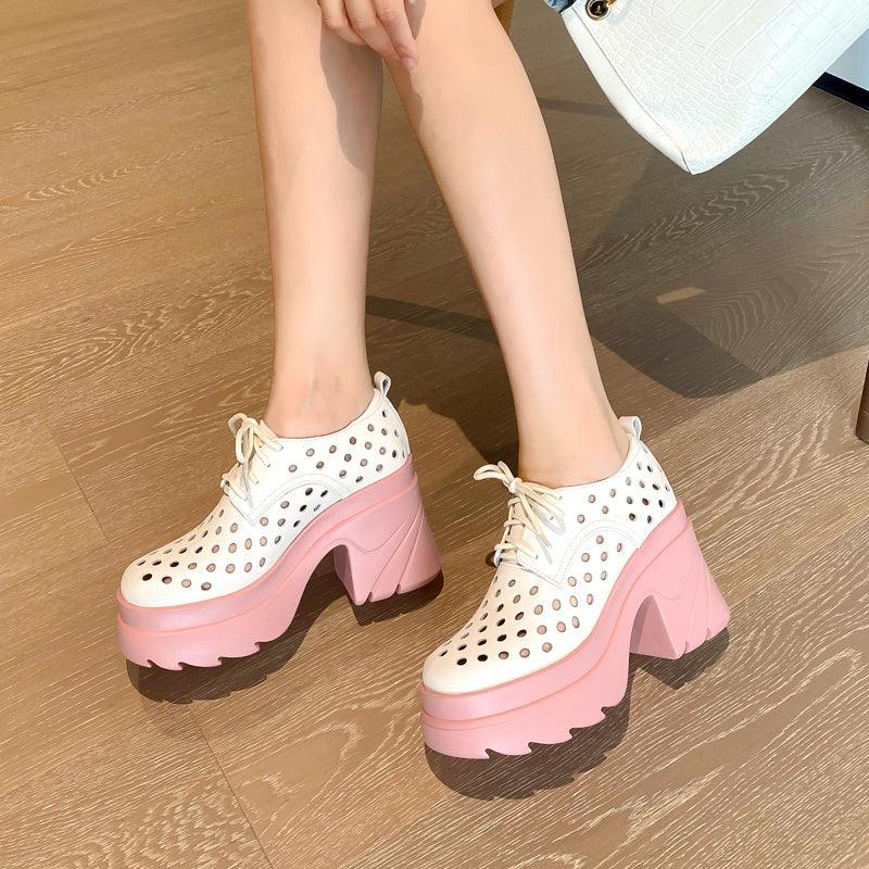 Women’s white and pink perforated lace-up platform shoes with chunky block heel