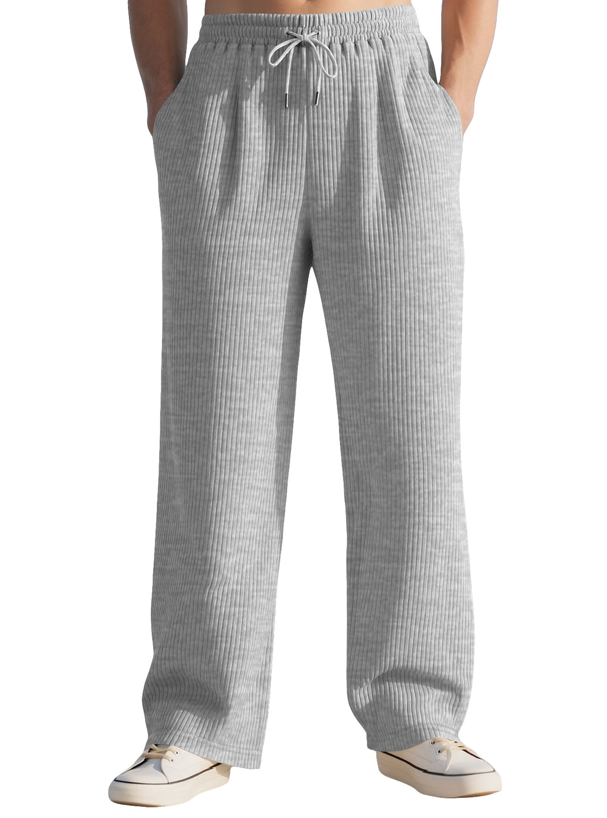 Gray wide-leg sports sweatpants with elastic drawstring waistband