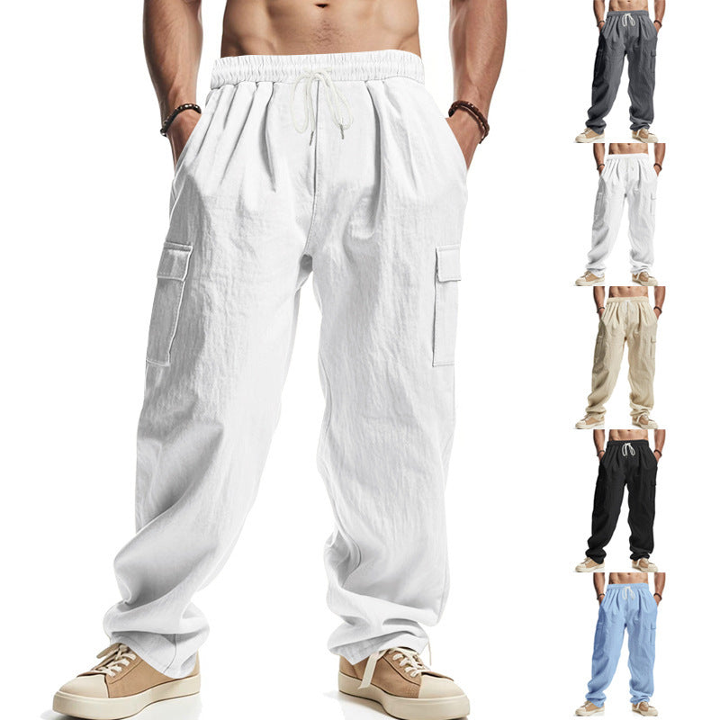 Men's linen cargo pants, drawstring elastic waist, side patch pockets, wide leg, white