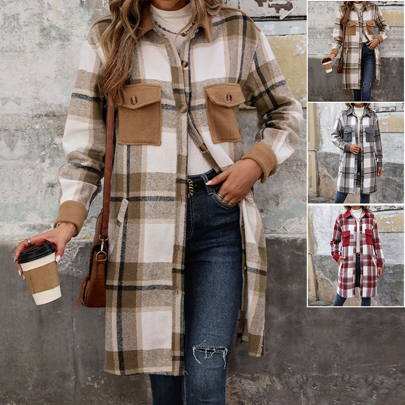 Plaid Long Coat With Pockets Fashion Winter Jacket - WOMONA.COM