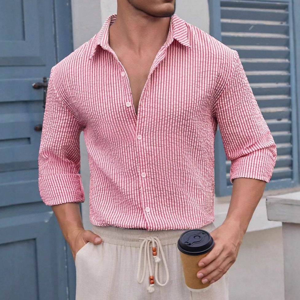 Men's pink striped button-down shirt, long sleeves, loose fit