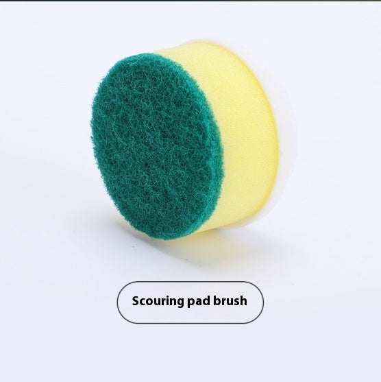 Scouring pad brush head with yellow foam outer and green abrasive pad center