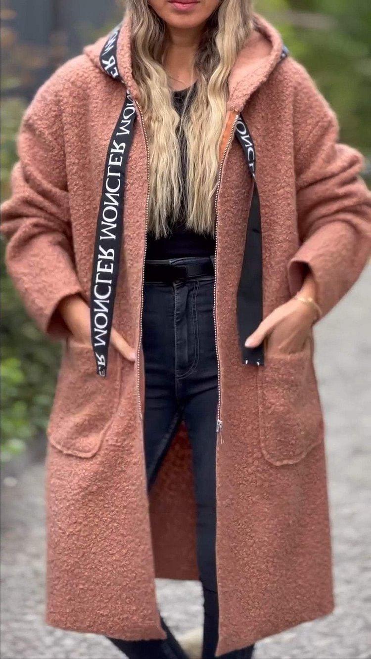 Women’s hooded lamb wool coat in warm brown, with lettering-trim hood and side pockets