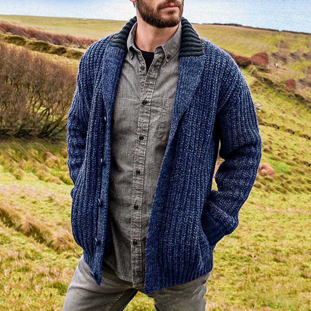 Men's knit cardigan with shawl collar, blue textured open-front