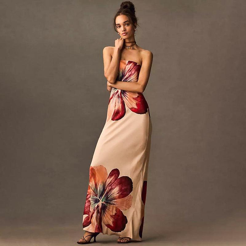 Beige strapless slim-fit maxi dress with red and purple floral print at bodice and hem