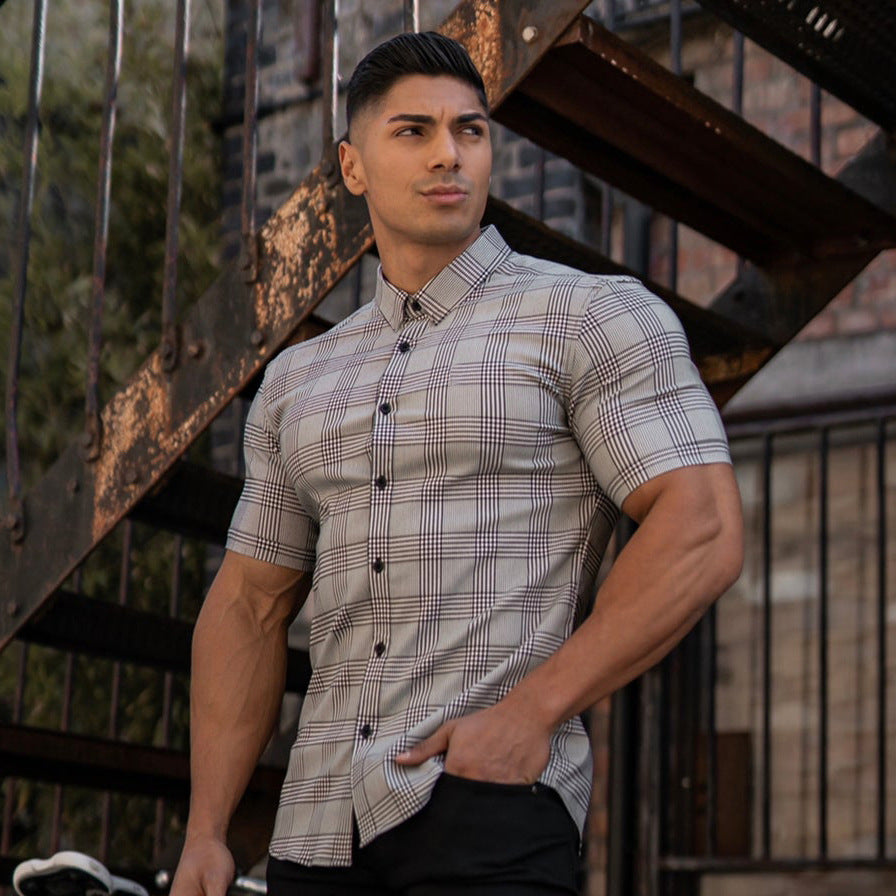Men's slim check-print short-sleeve shirt