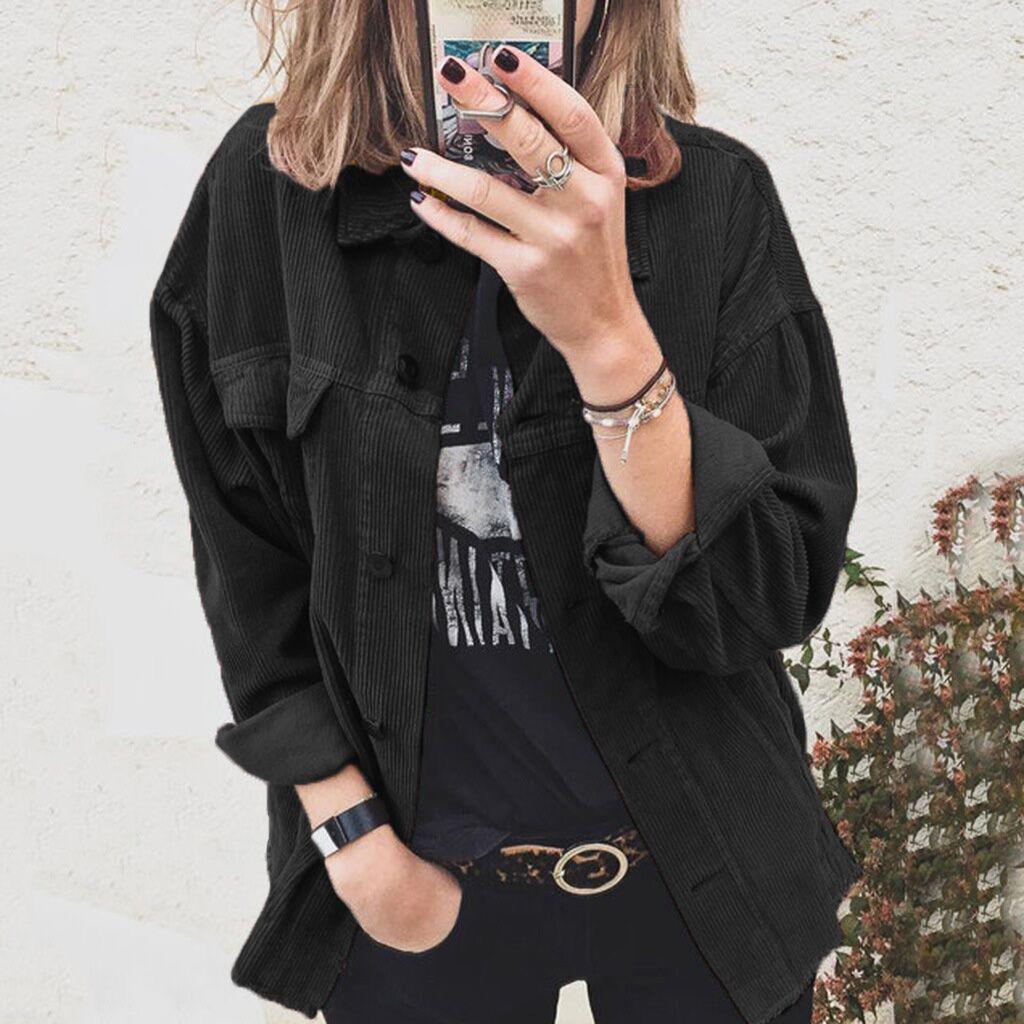 Women’s long-sleeve lapel button shirt, black, loose thick fabric with button front