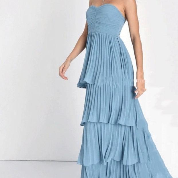 Sky blue strapless tiered long dress with smocked bodice and pleated ruffle skirt