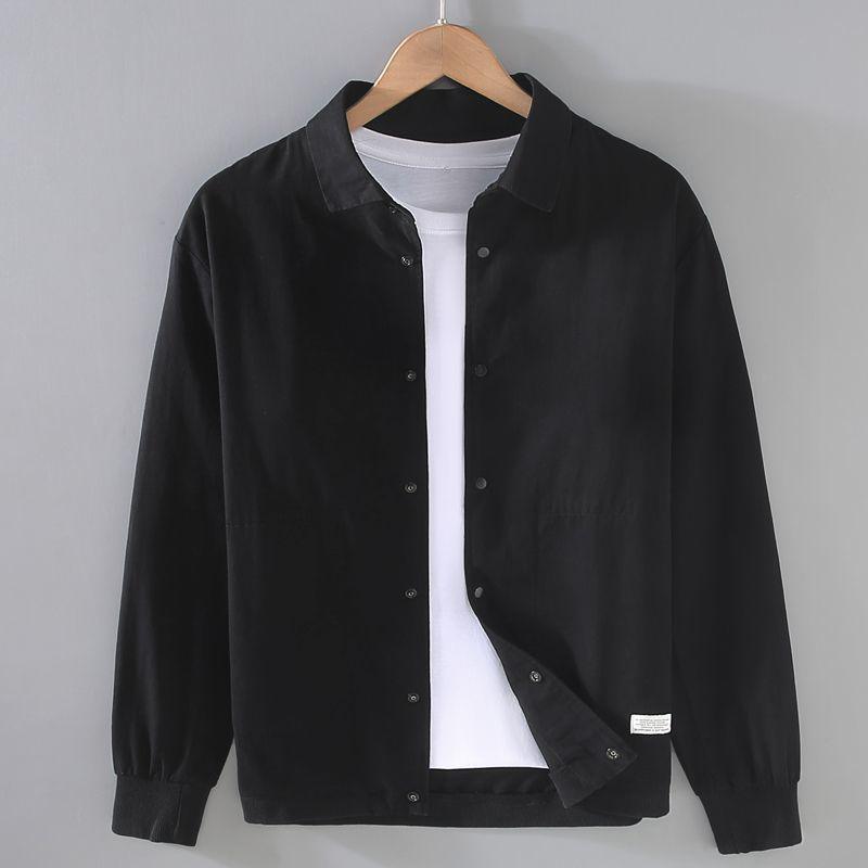 Black men's shirt-coat jacket with snap buttons and stand collar