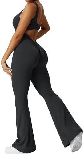 Women’s workout flare jumpsuit, dark black sleeveless bodice with flared bell pants