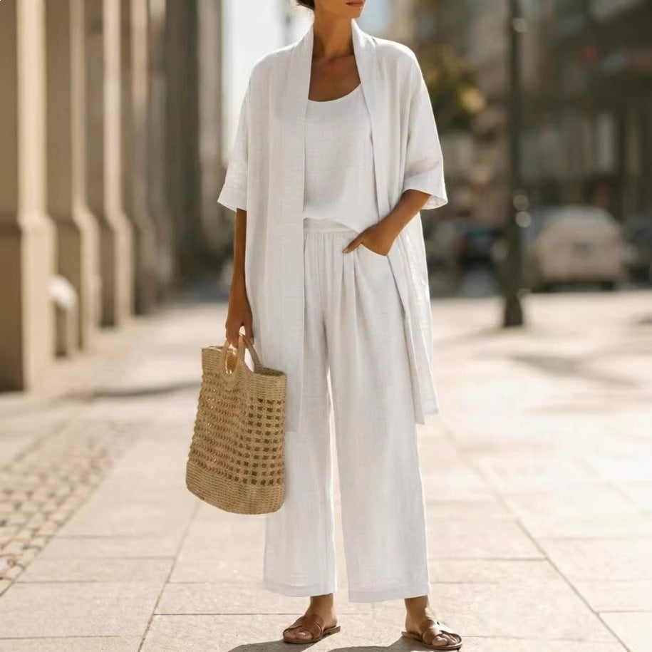 Women's cardigan tank and straight-leg pants set