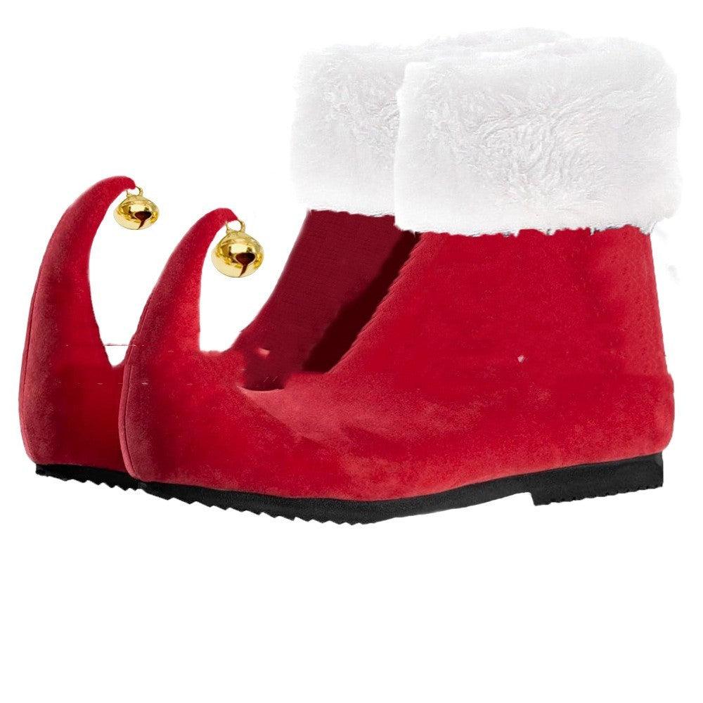 Red plush ankle boots with white fur cuff and gold bell accents, dark rubber sole